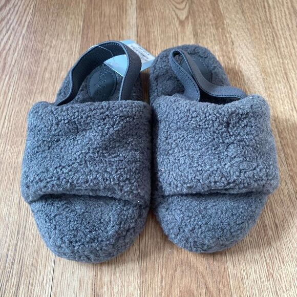 Cat & Jack Boys Single Strap Faux Shearling Slippers Gray Large 9/10 - Picture 2 of 5